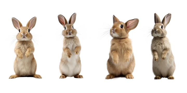 Studio portrait of cute rabbit isolated on transparent png background, happy bunny running on floor, adorable fluffy rabbit that sniffing.