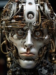A close up of a robot"s head made of metal. Generative AI.