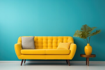 Colorful and trendy living room design using yellow and blue accents, sofa, table, chairs, bolsters.