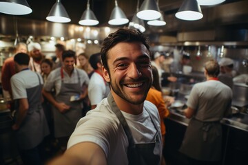 Selfie of a chef in a crowded restaurant kitchen. Take a selfie. Take realistic photos with an...