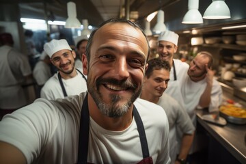Obraz premium Selfie of a chef in a crowded restaurant kitchen. Take a selfie. Take realistic photos with an emphasis on facial expressions
