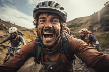 Tuinposter A selfie of a cyclist on a mountain trail taking a selfie, a realistic snapshot, emphasizing facial expressions. © Attasit