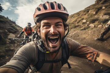 Obraz premium A selfie of a cyclist on a mountain trail taking a selfie, a realistic snapshot, emphasizing facial expressions.