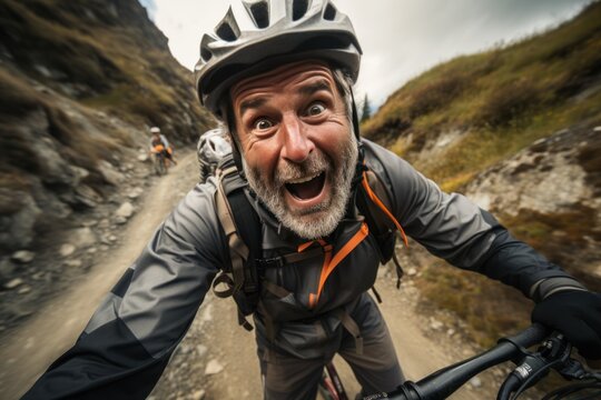 A selfie of a cyclist on a mountain trail taking a selfie, a realistic snapshot, emphasizing facial expressions.
