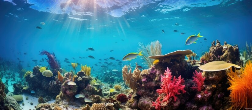 Caribbean sea's underwater beauty: vibrant fish, coral, sponges, reef in Panama.