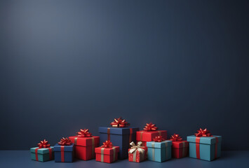 Christmass background for Hollidays. Birthday Christmas theme, Christmas tree on a dark blue background with colorful gifts 