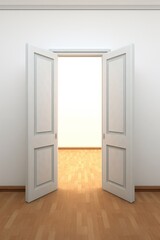 Open door in room on white ground, in the style of flickering light