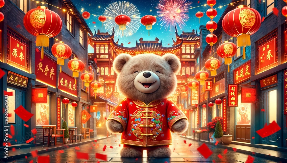 Wall mural A bear, dressed in Chinese costume, enjoys the New Year amid red lanterns. Fireworks light up the sky, celebrating the start of the Chinese New Year.