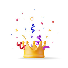 3D Gold Crown Icon and Confetti. Render Colorful Confetti Around Crown. Symbol for VIP, Rich, Winner Luxury Premium Success. Customer Feedback, Rating or Status Signs. Realistic Vector Illustration