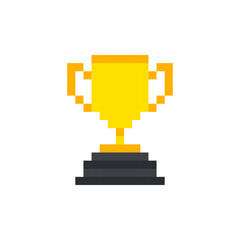 8 bit winner cups. gold, cup. Vector illustration. cartoon drawing. White background. Isolated object. Pixel golden trophy, the winner trophy cup pixel art. 8 bit pixel sports cup.