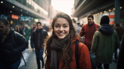A hyper-realistic smiling girl, standing on a bustling city street, surrounded by a dynamic urban environment with people in motion, capturing the lively energy of the city