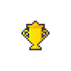 8 bit winner cups. gold, cup. Vector illustration. cartoon drawing. White background. Isolated object. Pixel golden trophy, the winner trophy cup pixel art. 8 bit pixel sports cup.