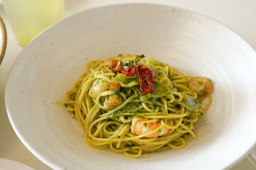 a restaurant's basil shrimp pasta dish