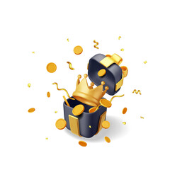 3D Gift Box with Golden Crown and Confetti Isolated. Render Gold Confetti Around Crown in Gift Box. Symbol for VIP, Rich, Winner Luxury Premium Success. Rating or Status. Realistic Vector Illustration