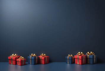 Christmass background for Hollidays. Birthday Christmas theme, Christmas tree on a dark blue background with colorful gifts 