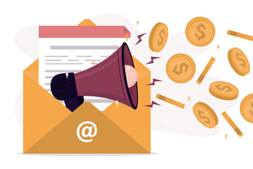 Internet mailing, marketing campaign, promotion campaign. Yellow envelope with huge megaphone offering money. Financial benefit. Spam mailing, emails with profitable offers. - obrazy, fototapety, plakaty