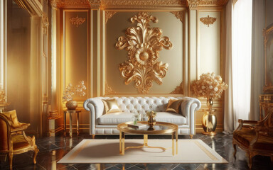Luxurious gold vintage interior with an aristocratic baroque sofa. Gold moldings and columns