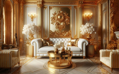 Fototapeta na wymiar Luxurious gold vintage interior with an aristocratic baroque sofa. Gold moldings and columns
