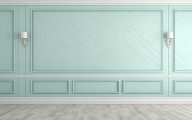 Mint wall mock up with copy space in classic style with wall lamps and grey parquet