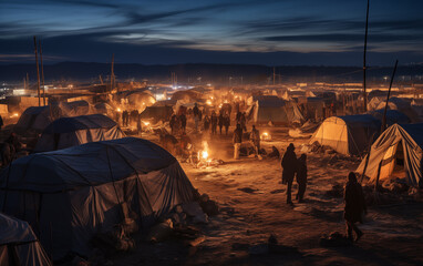 Refugee camp at night. Social problem of population migration