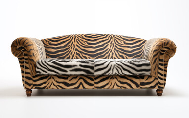 Modern tiger print sofa isolated on white background. Animal print couch