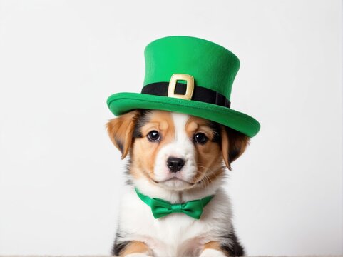 Cute puppy in an Irish hat, St. Patrick 's Day concept. AI generated