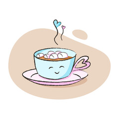 Cute character of cup with cocoa, marshmallow and hearts for Valentine's day and more. Best for postcard, stickers and more designs