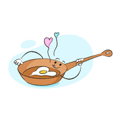 Cute character of frying pan with egg and heart for Valentine's day and more. Best for postcard, stickers and more designs
