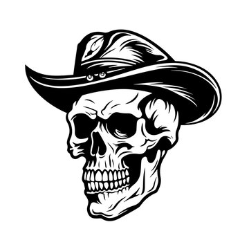 Skull In Cowboy Hat Logo Monochrome Design Style