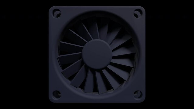 Computer fan cooler animation. Black cooling fan. 3D computer case fan. Transparent background with alpha channel