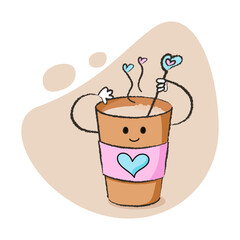 Cute character of coffee cup who stirs coffee and have hearts, for Valentine's day and more. Best for postcard, stickers and more designs