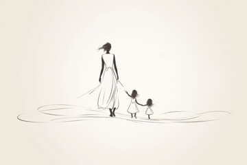 Minimal hand drawn illustration of woman and her children, one line style drawing