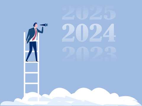Business vision with binoculars for opportunities in spyglass on 4Q of 2023,2024,2025 the target futher