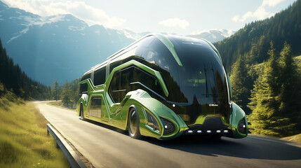 Futuristic Self-Driving Intercity Bus on a Mountain Highway, Outdoors, Nature, Smart Public Transport, Green Urban Mobility, Sustainable City, Adaptive AI Powered Commuting, Autonomous Taxi Cab