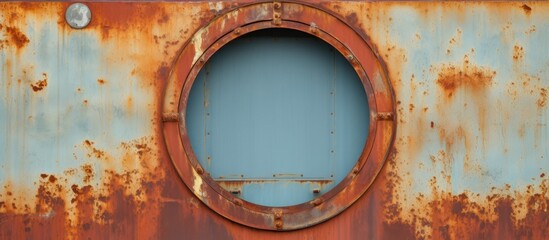 Old, rusty metal wall with round ship window at fire department training center.
