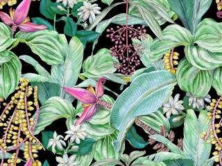 Tropical seamless pattern with banana flower and leaves, palm seeds, jasmine and medinilla. Botanical print with tropical plants - 688457750