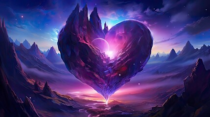  The Starry Sky Surrealistic Futuristic Landscapes with a Heart-Shaped Galaxy for Happy Valentine's Day - obrazy, fototapety, plakaty