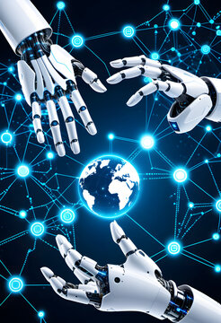 Robotic hands in a cyberspace taking over the cybernet or helping humans with simpel task 
