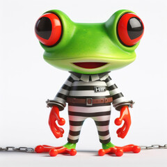 great 3d illustration of a funny red eyed tree frog in a striped prison suit generative ai