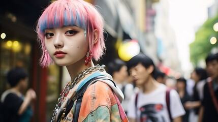 Fototapeta premium Vibrant Woman with Pink and Blue Hair Leading a Crowd