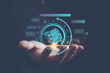 Fototapeta premium Ai technology, businessman show virtual graphic Global Internet connect Chat with AI, Artificial Intelligence. using command prompt for generates something, Ai, Futuristic technology transformation.