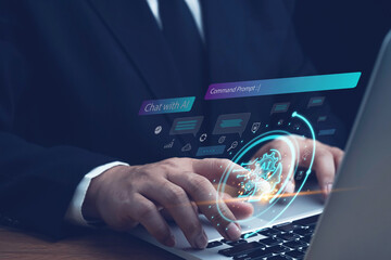 Ai technology, businessman show virtual graphic Global Internet connect Chat with AI, Artificial Intelligence. using command prompt for generates something, Ai, Futuristic technology transformation.