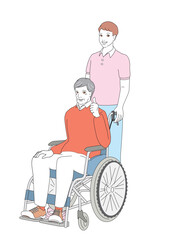 介護士に車椅子を押してもらうシニア男性