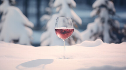A glass of wine sitting on top of a snow
