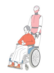 近未来介護ロボットと車いすに乗る高齢者