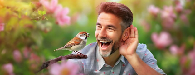 A joyful man is listening to a bird singing on a branch, surrounded by blurred spring blossoms. Concept of the importance of hearing health.