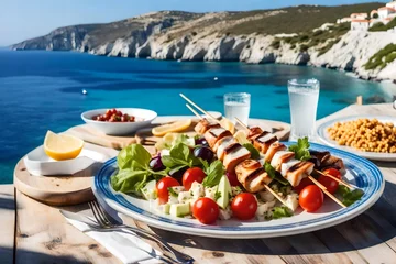 Gordijnen Greek cuisine idea served with a farmers salad and in summertime beside a glistening blue sea © Stone Shoaib