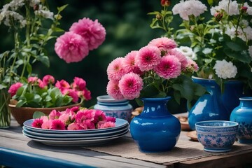 Obraz na płótnie Canvas In the village garden, a table with several dishes and a bunch of pink flowers in a blue ceramic vase