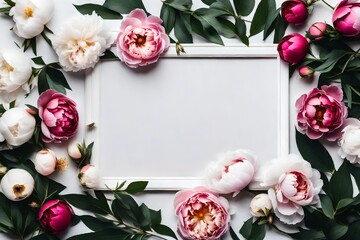 Peonies, flowers, and foliage around a white frame in the center