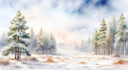 Watercolor illustration winter pine tree forest with snowfall
